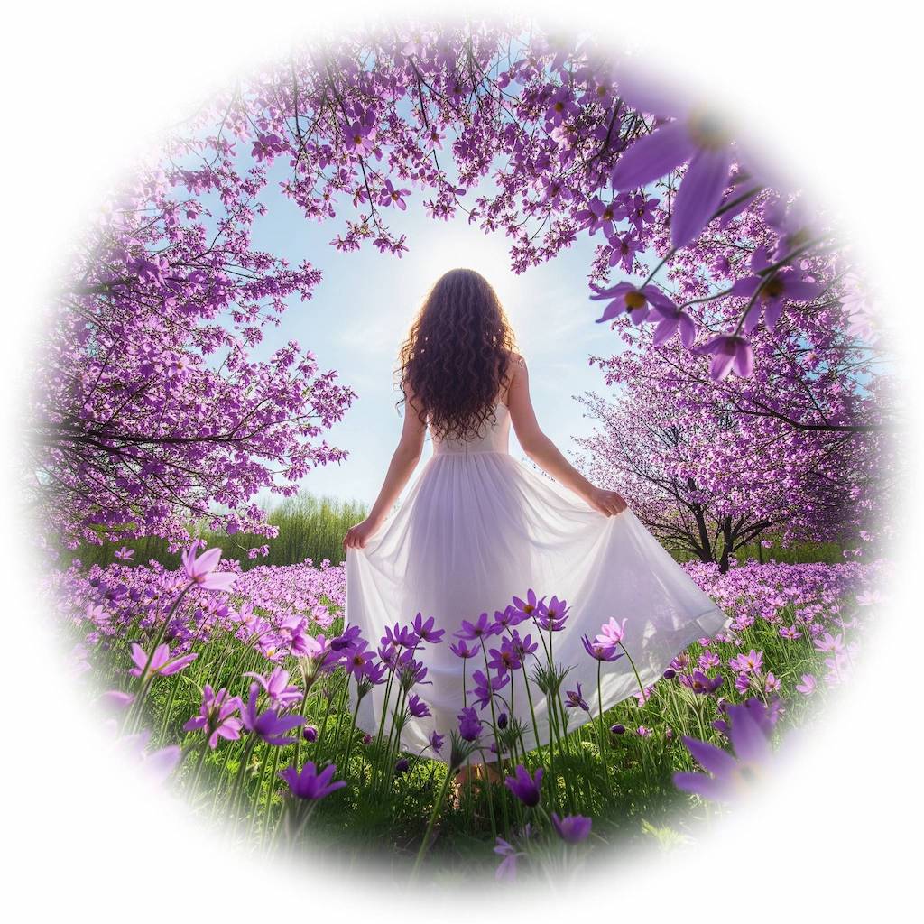 žena v bílých šatech na louce poseté fialovými konikleci